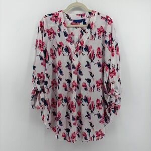 Apt. 9 Womens XL White Pink Floral Blouse Roll-Tab Sleeve Split V-Neck Tunic Top